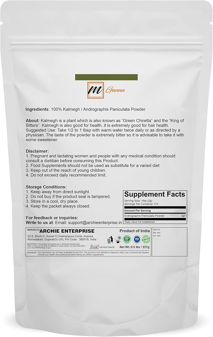 100% Natural Kalmegh Powder (Andrographis Paniculata) “King of Bitters” 0.50 lbs / 227 g