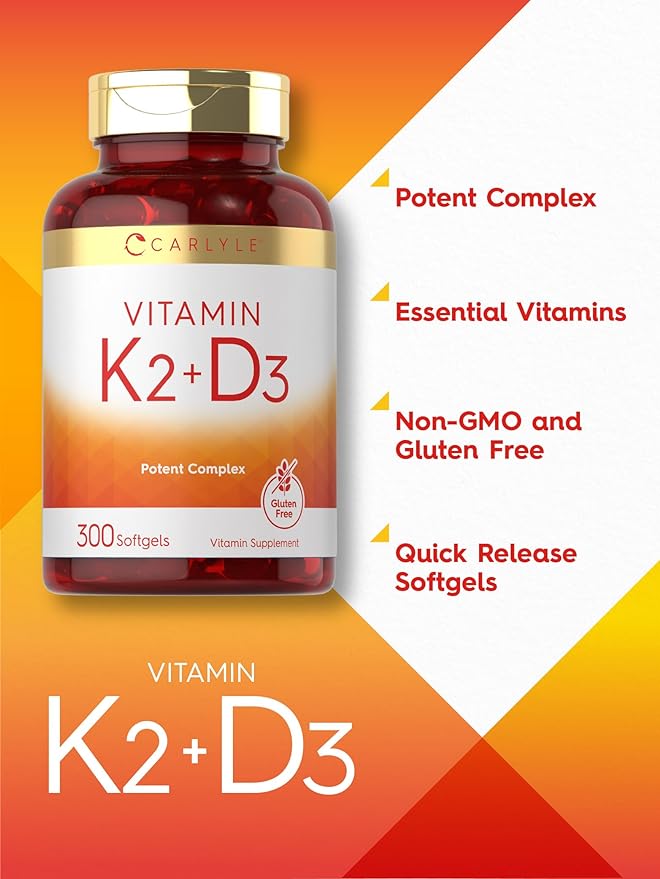 Carlyle Vitamin K2 and D3 Supplement | 300 Softgels | 200mcg K2 MK7 & 10,000 IU D3 | Non-GMO, Gluten Free