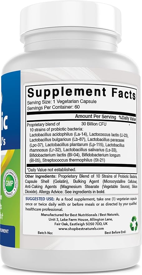 Best Naturals Probiotic 10 Strains & 30 Billion CFU Intestinal Flora, 60 Veggie Capsules (60 Count (Pack of 2))