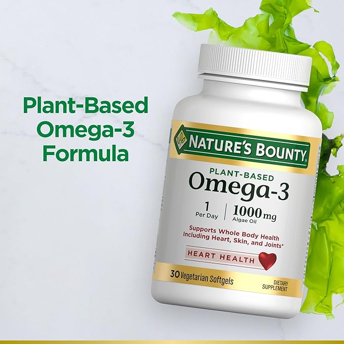 Nature's Bounty Omega 3, Plant-Based Omega 3 Fatty Acid Suppement, 520mg, Supports Whole Body Health Including Heart, Skin, Joint, 30 Vegetarian Softgels, Fish Oil Alternative, Omega 3 Supplements