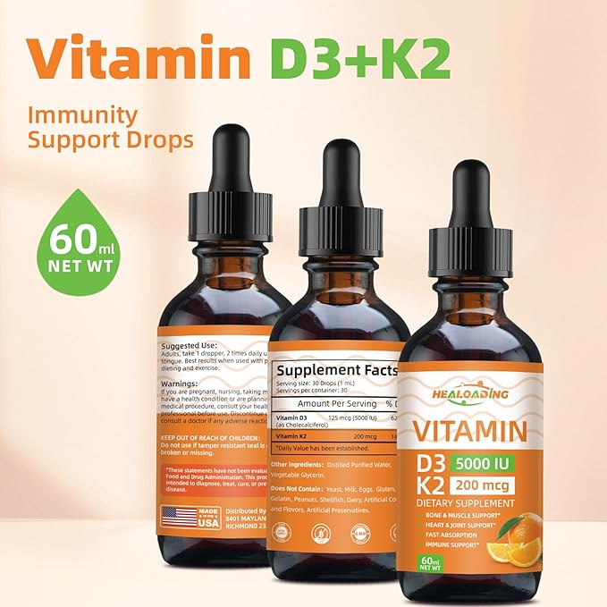HEALOADING Vitamin D3 K2 Drops, Organic Plant D3 + K2, Vitamin D Liquid 5000 IU, K2 200 mcg Liquid K2 D3 Vitamin Supplements for Body’s Defenses, Faster Absorption, Healthy Bones and Immune Support