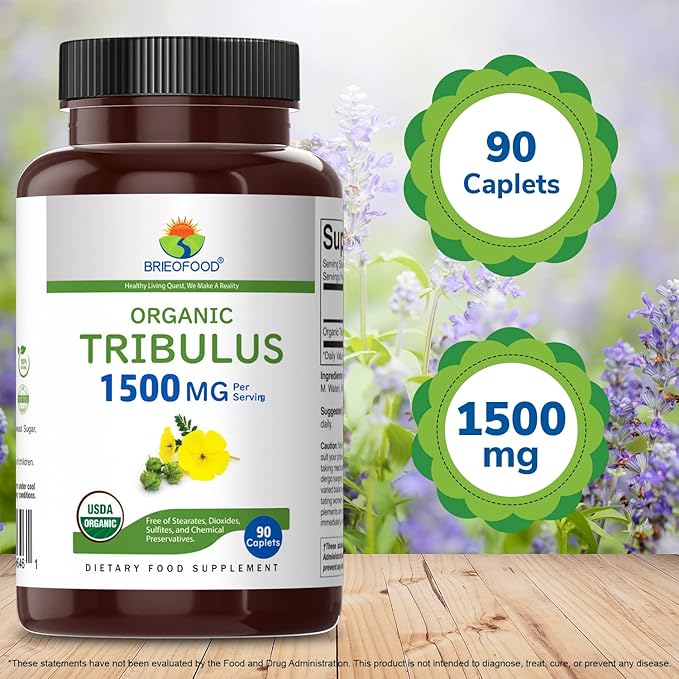 Brieofood Organic Tribulus 1500mg, 45 Servings, Vegetarian, Gluten Free, 90 Vegetarian Tablets