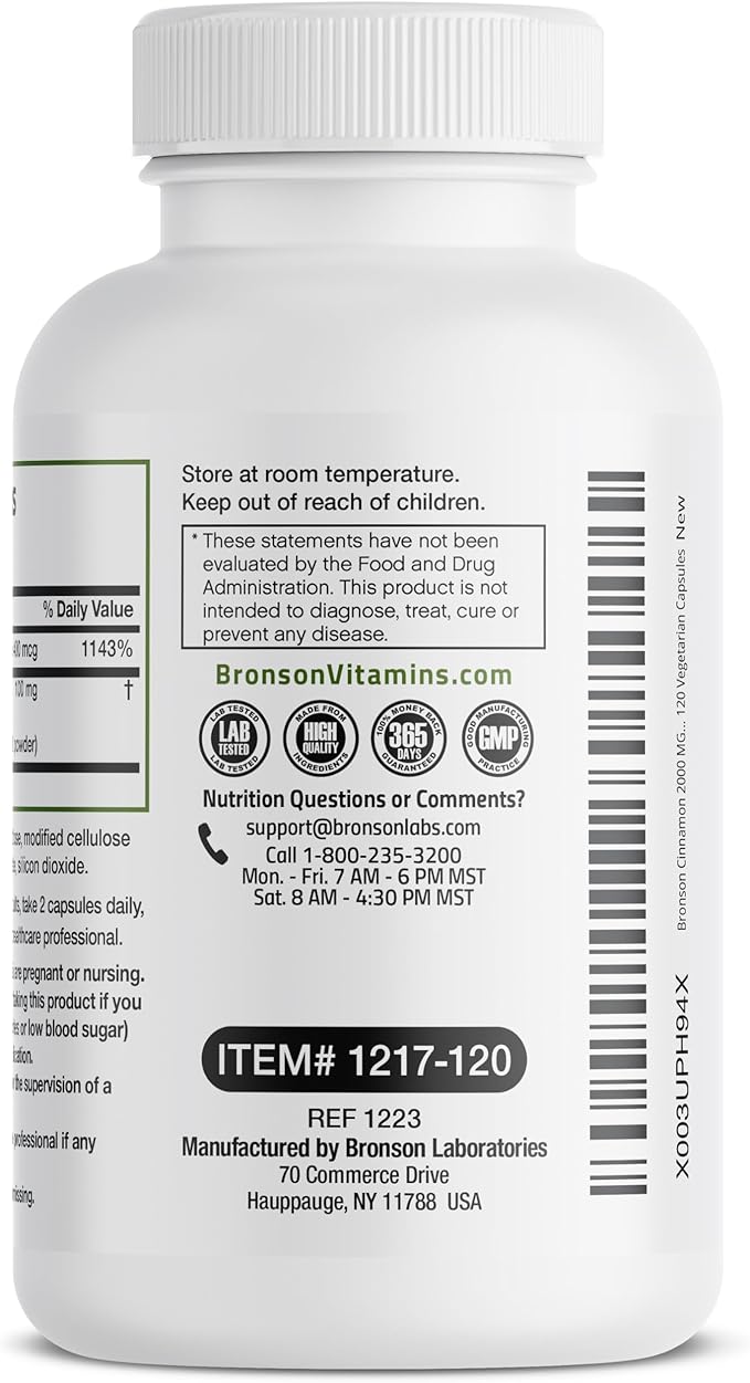 Bronson Cinnamon Plus Chromium Picolinate Supplement, High Potency Chromium, Non-GMO, 120 Vegetarian Capsules