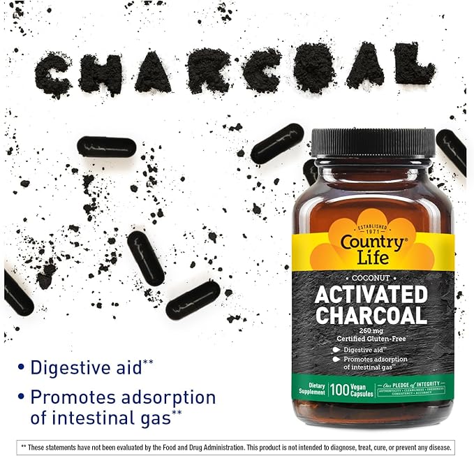 Country Life Coconut Activated Charcoal Capsules, 260mg – Natural Charcoal Supplement for Gas and Bloating Relief - Gluten-Free, 100 Vegan Capsules