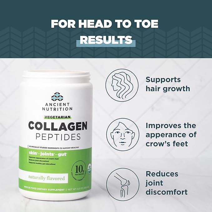 Ancient Nutrition Vegetarian Collagen Peptides, Collagen Peptides Powder, Collagen Powder with Natural Flavor, Prebiotics and Probiotics, Supports Healthy Skin, Hair, Joints, Digestion, 28 Servings