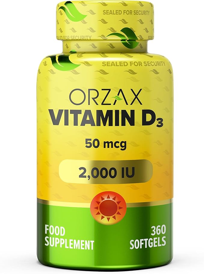 ORZAX Vitamin D3 2000 iu (50 mcg) – Non-GMO, Gluten Free, Sugar Free, Dairy Free – 1 Year Supply for Strong Muscle Function and Immune Support – Mood Supplement for Wellness (360 Softgel)