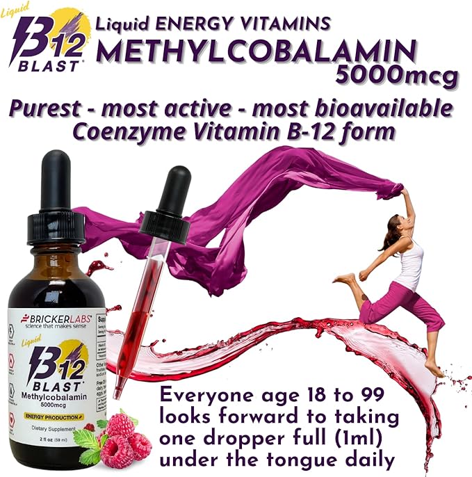 B12 Blast Methylcobalamin 5000mcg, Great Tasting Sublingual Liquid Energy Vitamins -Vegan B12 Vitamins, Sustained Energy and Cellular Health Supplement - 59-Day Servings