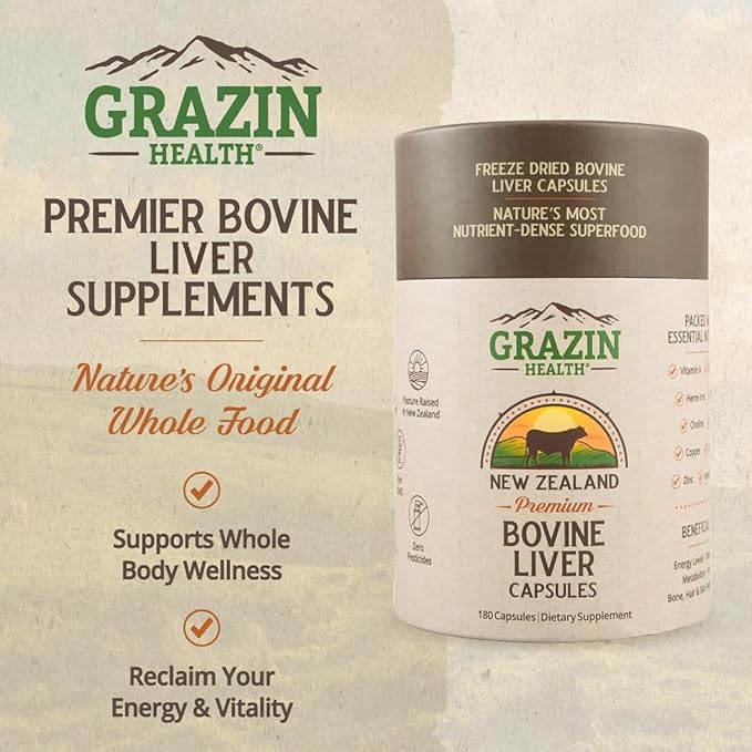 Grass Fed Beef Liver from New Zealand - Freeze Dried 3000mg per Serving (500mg per Capsule) (30 Servings)