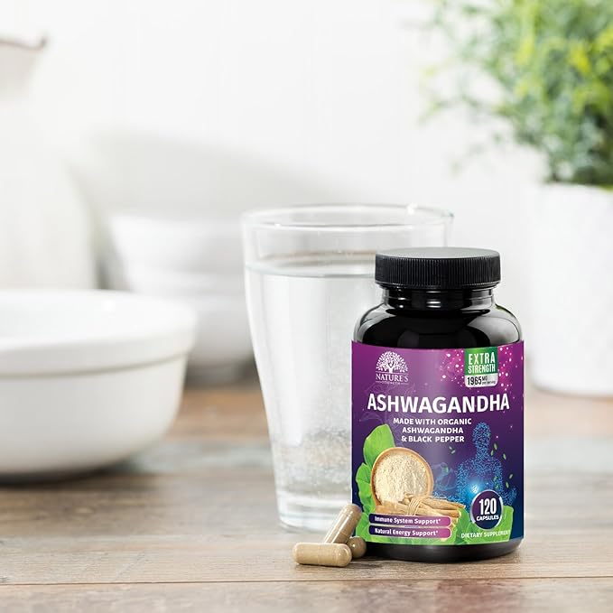Organic Ashwagandha Extra Strength 1950 mg - Ashwagandha Supplements for Women & Men, Antioxidant Support, Nature's Vegan Ashwagandha Powder Organic, Non-GMO & Gluten Free - 120 Capsules