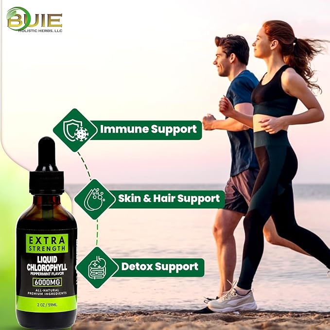 BUIE Liquid Chlorophyll Drops 6000mg | Peppermint Flavor | Vegan Supplement | Supports Immune System, Improves Cellular Energy | Extra Strength | 2 oz / 59ml