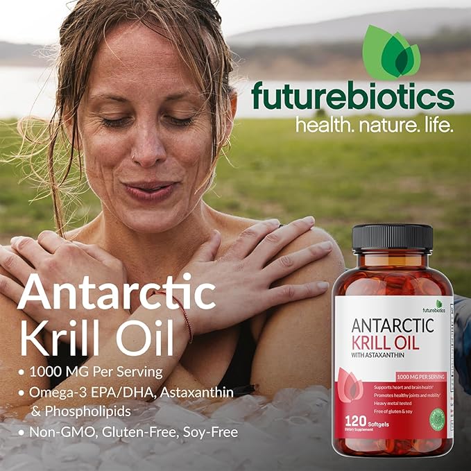 Futurebiotics Antarctic Krill Oil 1000mg with Omega-3s EPA, DHA, Astaxanthin and Phospholipids - 100% Pure Premium Krill Oil Heavy Metal Tested, Non GMO – 250 Softgels (125 Servings)