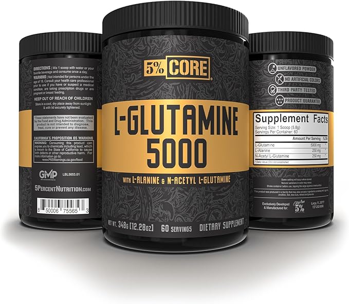 5% Nutrition Core L-Glutamine 5000 Supplement w/L-Alanine | Immune & Digestive Support | Amino Acid Muscle Builder Post Workout Recovery | Unflavored (60 Servings)