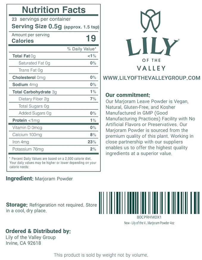 Lily of the Valley Marjoram Leaves Powder - All Natural Fresh Marjoram Ground - Mediterranean Spice Ideal for Cooking - Vegan & Gluten-Free - Packed in Resealable Ziplock Pouch (4oz, 453g)
