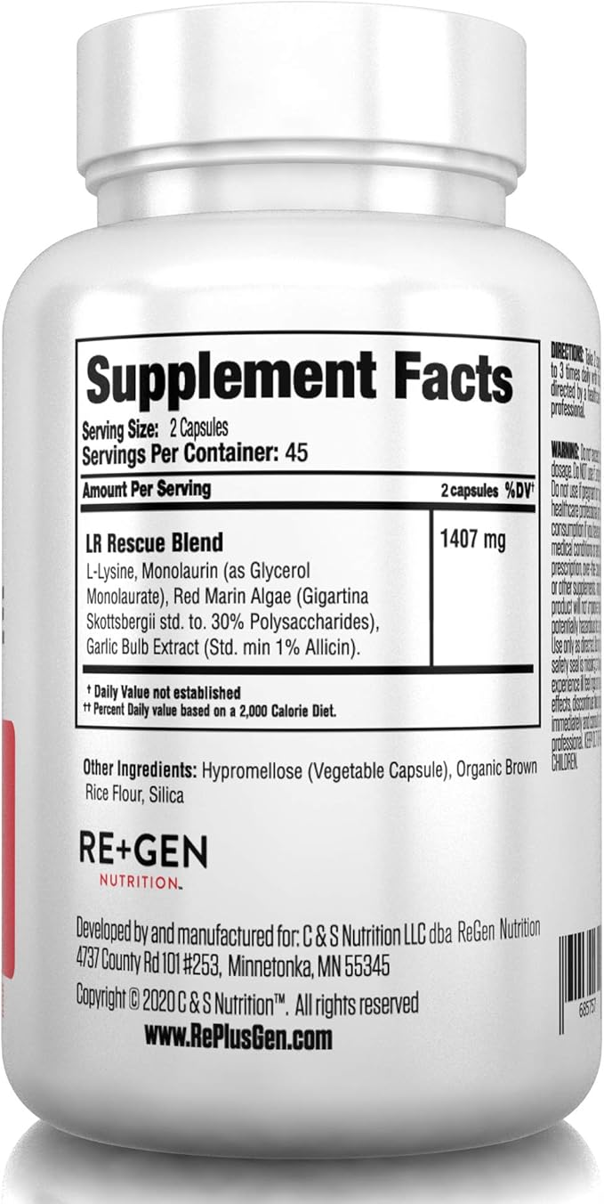 Re+Gen Nutrition Lysine Rescue, Amino Acid Supplement for Stronger Immune Health & Collagen Synthesis in Women & Men, Promotes Lips & Skin Health, Natural, Pure L-lysine, 90 Capsules, 45 Day Supply
