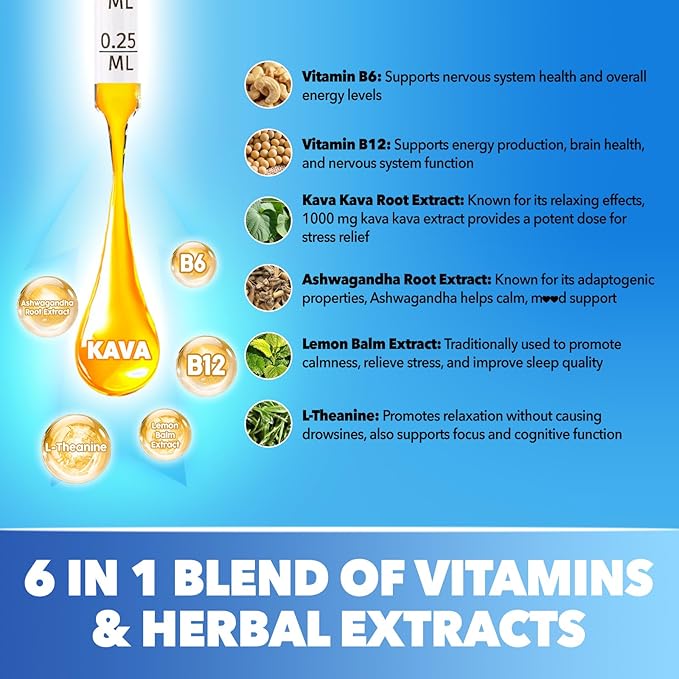 Kava Kava Extract Liquid Drops with Ashwagandha Lemon Balm L-Theanine, High Potency Kava Root Extract Tincture Supplement for Relaxation, 2 Fl Oz