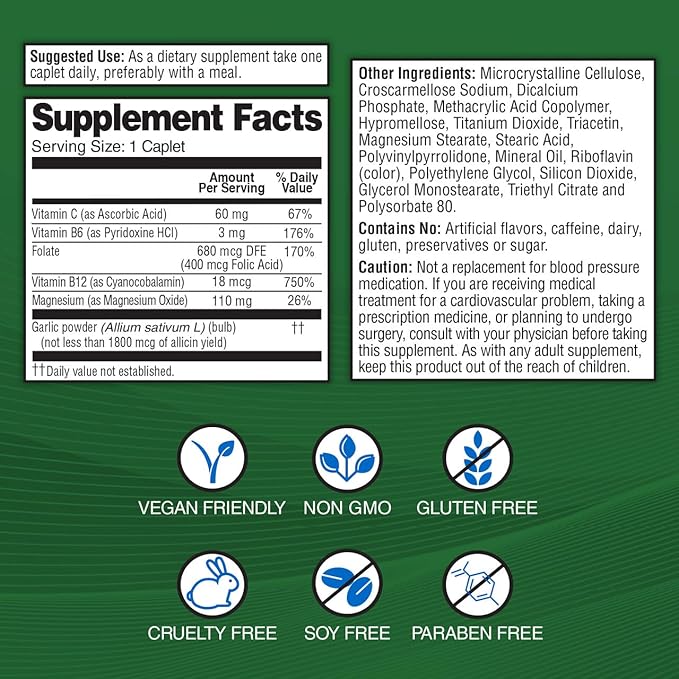 Garlique Garlic Extract Supplement, Healthy Blood Pressure Formula, Odorless & Vegan, 60 Caplets