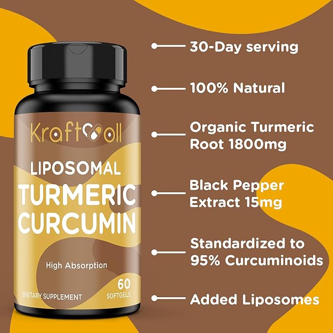 Liposomal Turmeric Curcumin Supplement 2200 mg with Black Pepper Extract 15 mg for High Absorption and Joint Function, 60 Softgels for Adults