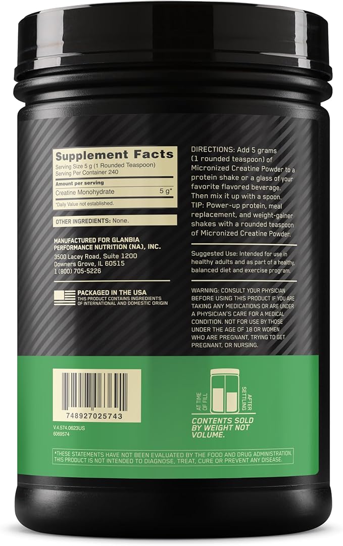 Optimum Nutrition Micronized Creatine Monohydrate Powder, Unflavored, 240 Servings, 1200 Grams (Packaging May Vary)