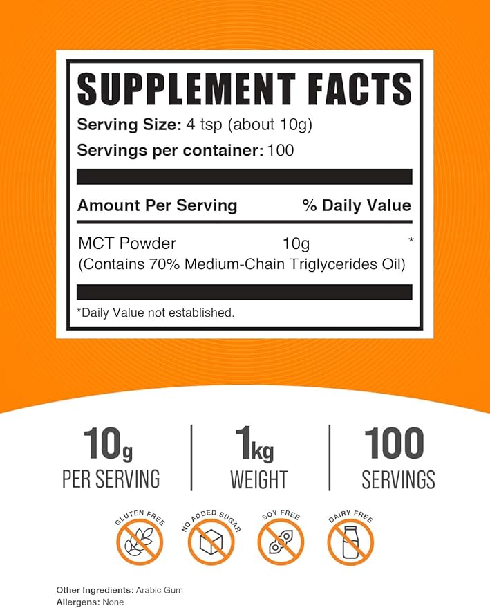 BulkSupplements.com MCT Powder - Medium Chain Triglycerides, from MCT Coconut Oil, MCT Oil Powder - MCT Supplement for Energy - Gluten Free, 10g per Serving, 1kg (2.2 lbs) (Pack of 1)