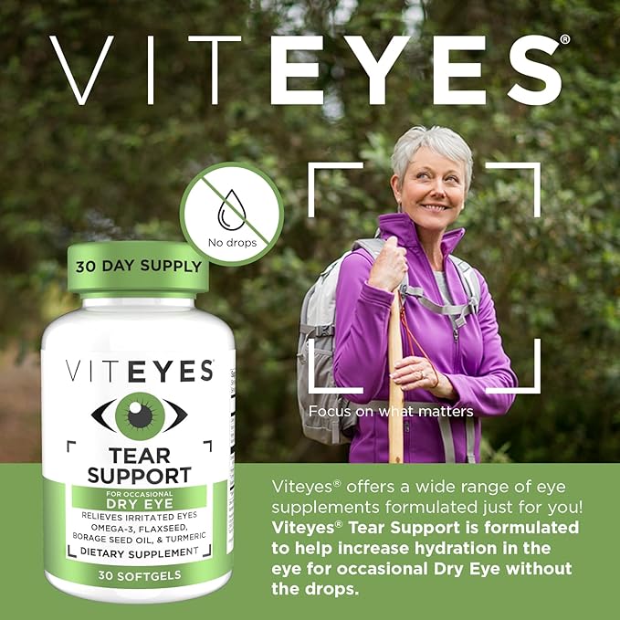 Viteyes Tear Support Eye Soothing Blend, Occasional Dry Eye Supplement, No Eye Drops, Redness Relief, Eye Vitamin, Allergy Support for Itchy Eyes, Omega-3 Fish Oil, 30 Softgels