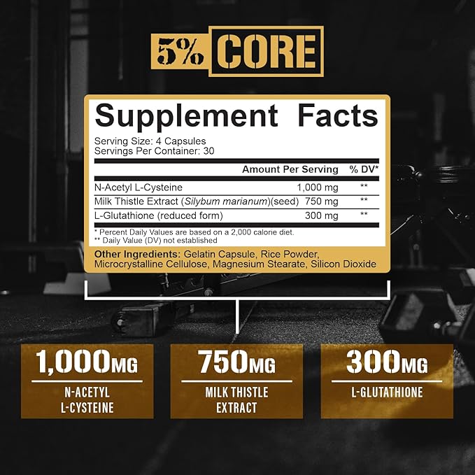 5% Core Liver Support | NAC (N-Acetyl L-Cysteine) 1000mg, Milk Thistle 750mg, L-Glutathione 300mg | Liver Cleanse Detox & Repair Supplement (30 Capsules)