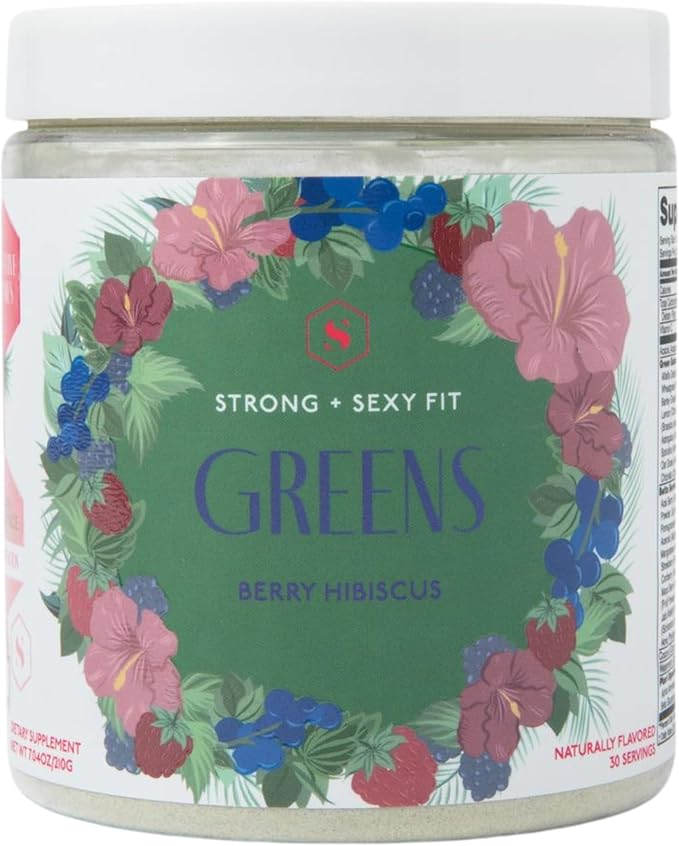 Strong + Sexy Fit Greens Superfood Powder, Green Juice for Gut Health, Energy & Immune Support, Fruit and Veggies Supplement with Wheat Grass, Digestive Enzyme, Vitamin C, 30 SVG, Berry Hibiscus