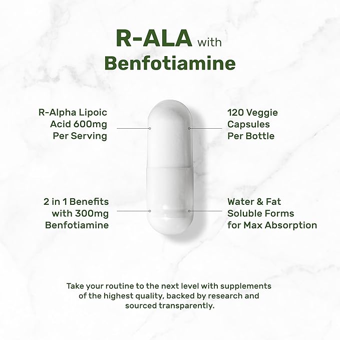 DEAL SUPPLEMENT R Alpha Lipoic Acid 600mg with Benfotiamine 300mg Per Serving, 120 Veggie Capsules – 200mg R-ALA Per Capsule – Antioxidant Supplement for Energy & Nervous System Support