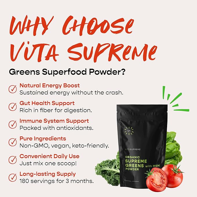 Organic Superfood Greens Powder with MSM, for Gut Health, Digestion, Immune Support, Energy, and More (Sugar Free, Non-GMO, Keto, Vegan), 60 Servings, 30 Day Supply