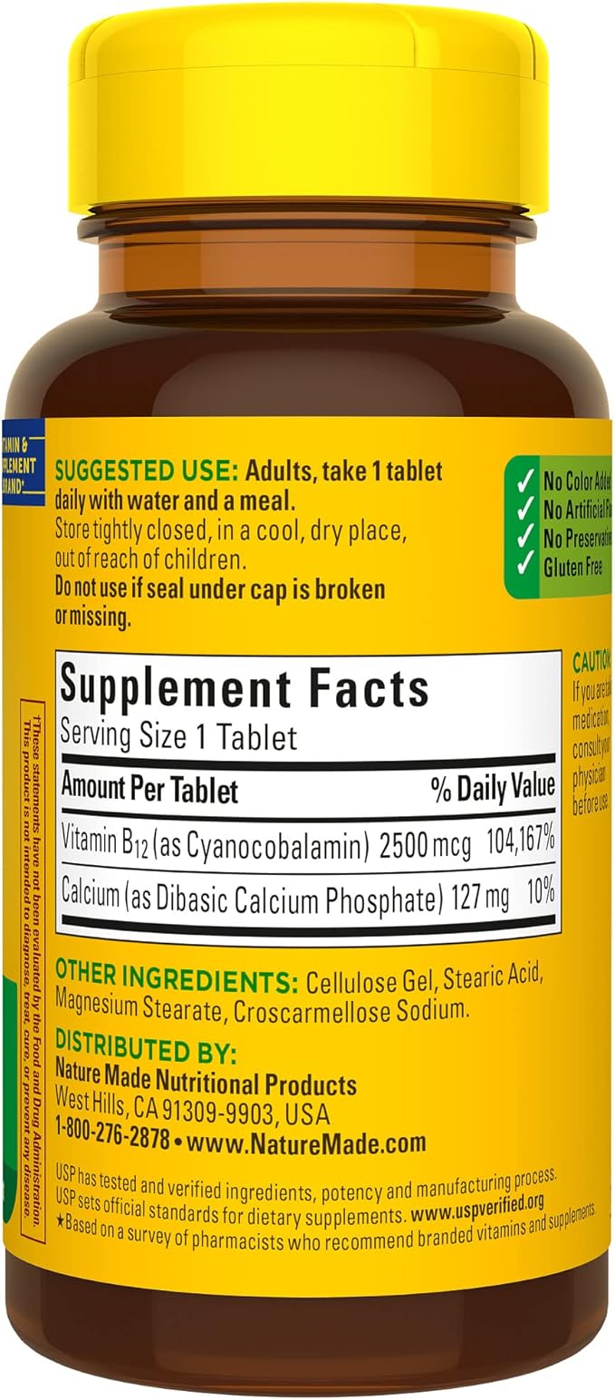 Nature Made Extra Strength Vitamin B12 2500 mcg, Dietary Supplement for Energy Metabolism Support, 60 Tablets, 60 Day Supply