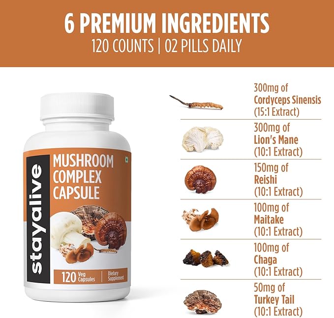 STAY ALIVE Mushroom Complex 1000mg, 6-in-1 Mushroom Supplement w/Lions Mane, Reishi, Chaga, Cordyceps, Maitake and Turkey Tail Extract Powder, 120 Vegan Pills, Non-GMO & Gluten Free Herbal Capsules