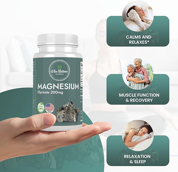 Magnesium Glycinate 200 mg | Gluten Free | Non-GMO | 60 Tables by Via Natura Organics