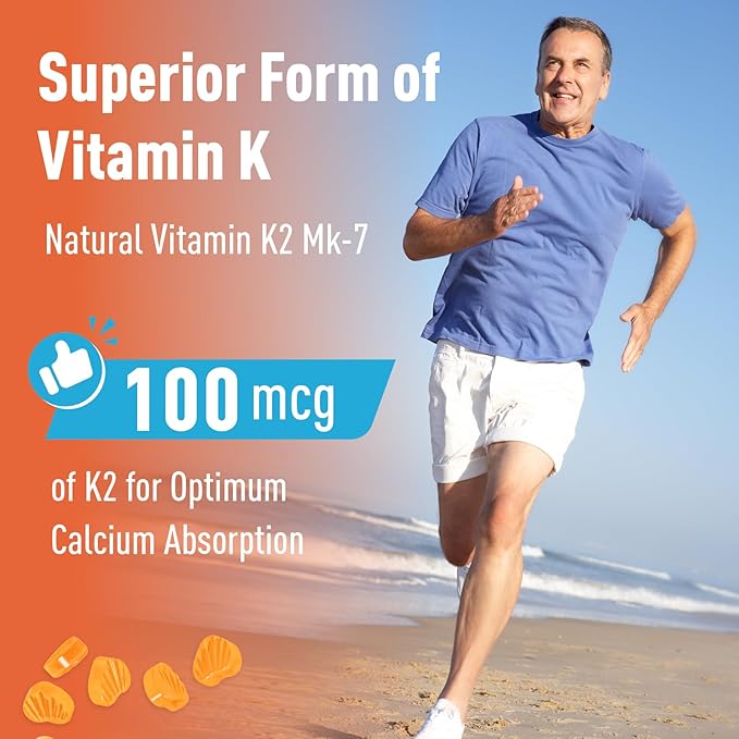 Vitamin K2 MK-7 Gummies 100mcg, Extra Strength K2 Vitamin Supplement for Bone & He-Art Support, Chewable Natural Orange Flavor, Non GMO, Vegan, 60 Gummies