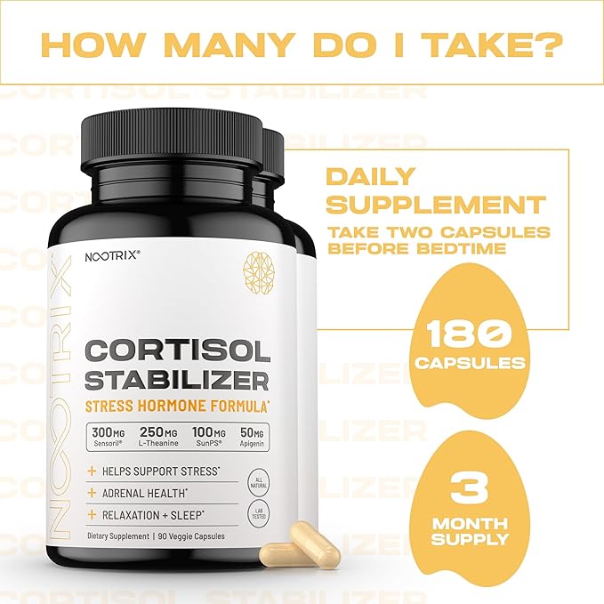 Cortisol Manager & Stabilizer Supplement | Supports Deep Sleep, Relaxation, Adrenal Health & Stress | 300mg Ashwagandha | L-Theanine, Rhodiola Rosea Extract & Apigenin | 180 Capsules