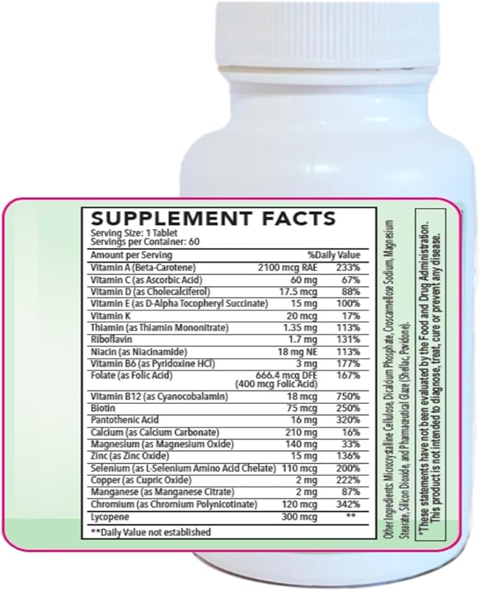 Multivitamin Tablet for Men, Once Daily Multivitamin for Adult, Multimineral Supplement with Lycopene, Vitamins A, D, C, K, and B-Complex. Supports Immunity, Bone, Hair, Skin, 60 Count