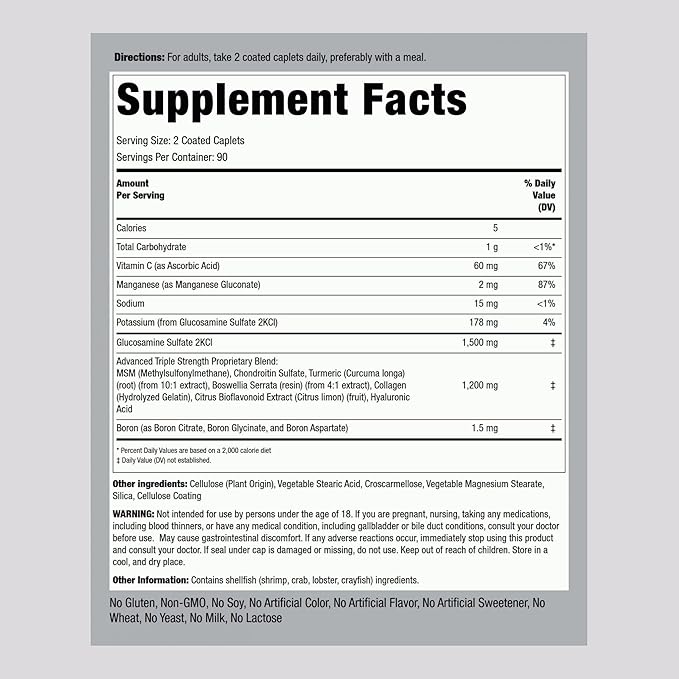 Piping Rock Glucosamine Chondroitin Turmeric MSM | 180 Caplets | Triple Strength | Advanced Supplement | Non-GMO, Gluten Free