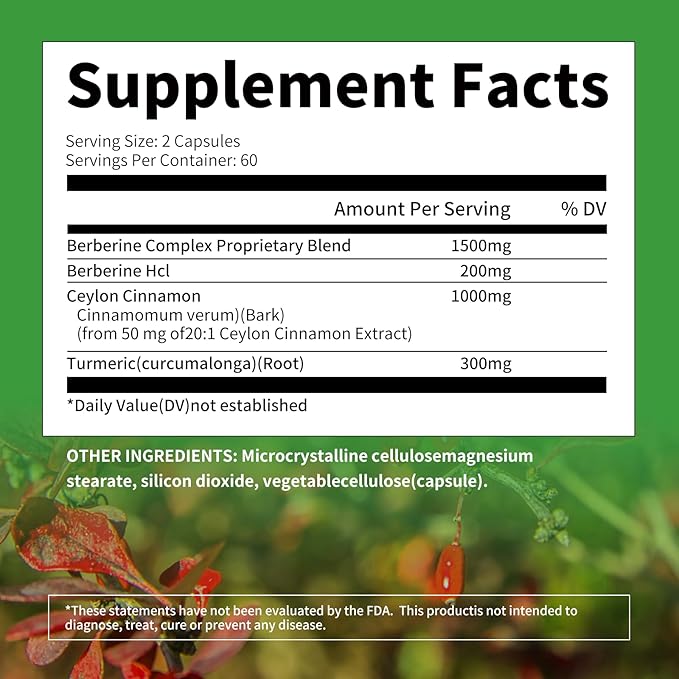 Berberine Supplement - Berberine 1500mg Per Serving,120 Capsules - Berberine HCI - Berberine Plus - Plus Pure True Ceylon Cinnamon, Berberine HCI Root Supplements Pills
