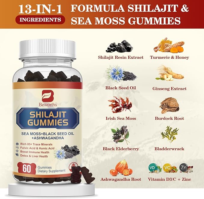 2Pack Shilajit Resin Gummies, Shilajit Sea Moss Supplement with Ashwagandha Ginger, Honey, Black Seed Oil, Panax Ginseng, Shilajit with 85+ Trace Minerals & Fulvic Acid for Energy, Digestion Health