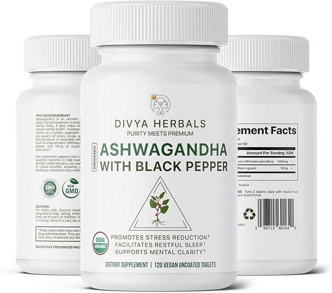 Organic Ashwagandha with Black Pepper - Whole Root - Supports Stress Relief, Mood & Energy – 120 Uncoated Vegan Tablets