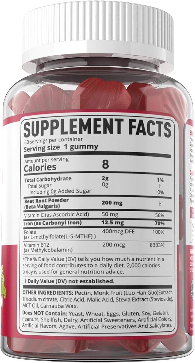 Beet Root Gummies with Iron, Methyl B12, Folate, Vitamin C, Increase Nitric Oxide & Iron Levels, Energy Support, Fight Fatigue, Beetroot & Gentle Iron Supplement for Women Men, Sugar Free, 60 Counts