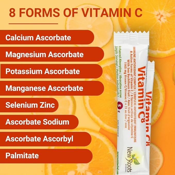 New Roots | Vitamin C⁸ Powder Immune Support | 30 Sachets, 1165 mg Vitamin C | 8 Unique Buffered Forms, Electrolytes, Bioflavonoids & Green Tea for Maximum Absorption & Antioxidant Defense