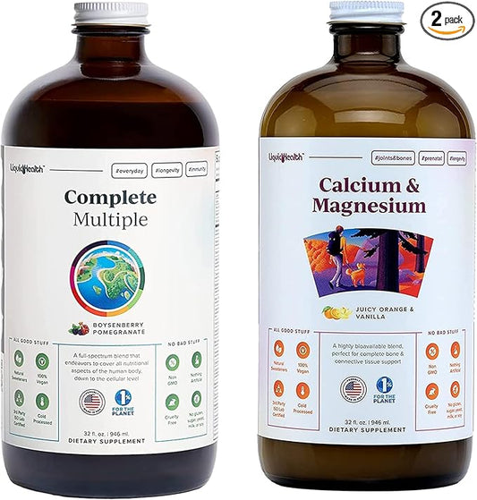 LIQUIDHEALTH Complete Multiple Multivitamin & Calcium and Magnesium Liquid Vitamin Bundle for Adults - Whole Body Health, Immune System, Bone & Joint Support - Whole Foods, Vegan, Non-GMO, USA Made