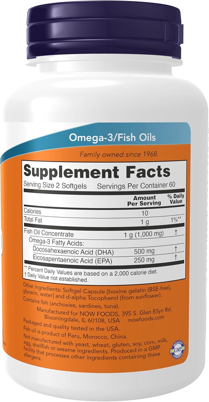 NOW Foods Supplements, DHA-250 with 125 EPA, Molecularly Distilled, Supports Brain Health*, 120 Softgels