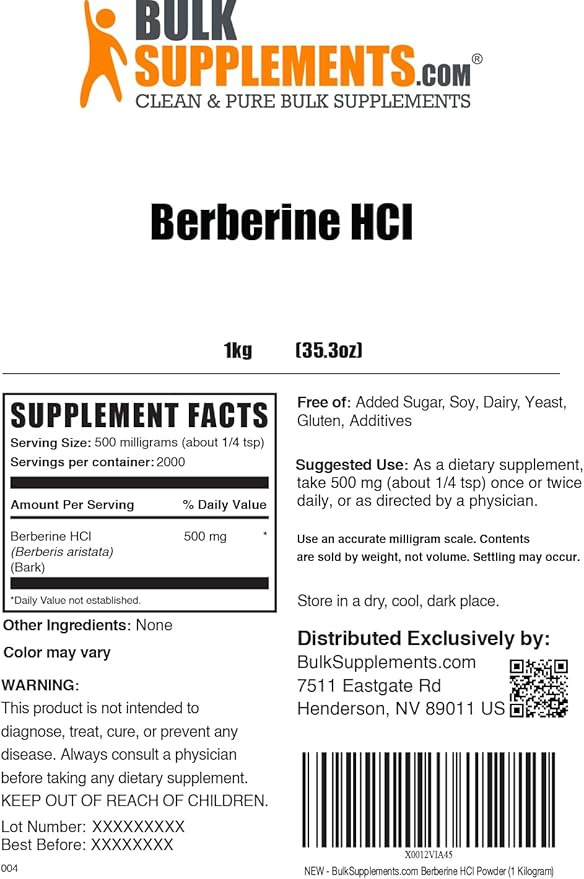 BulkSupplements.com Berberine HCl Powder - Berberine Supplement, Berberine 500mg, Berberine Powder - Gluten Free, 500mg per Serving, 1kg (2.2 lbs) (Pack of 1)