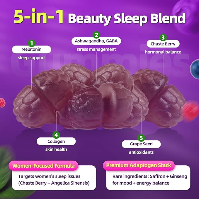 GPGP GreenPeople Women's Melatonin Gummies 5Mg with Ashwagandha, L-Theanine & Collagen, Sleep Aid Extended Release Formula, Sleep Gummies for Adults, Non-GMO & Gluten-Free, Berry Flavor 30-Day Supply