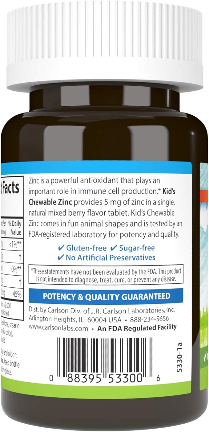 Carlson - Kid's Chewable Zinc, 5 mg, Immune Support, Antioxidant Power, Natural Mixed Berry Flavor, 42 Tablets