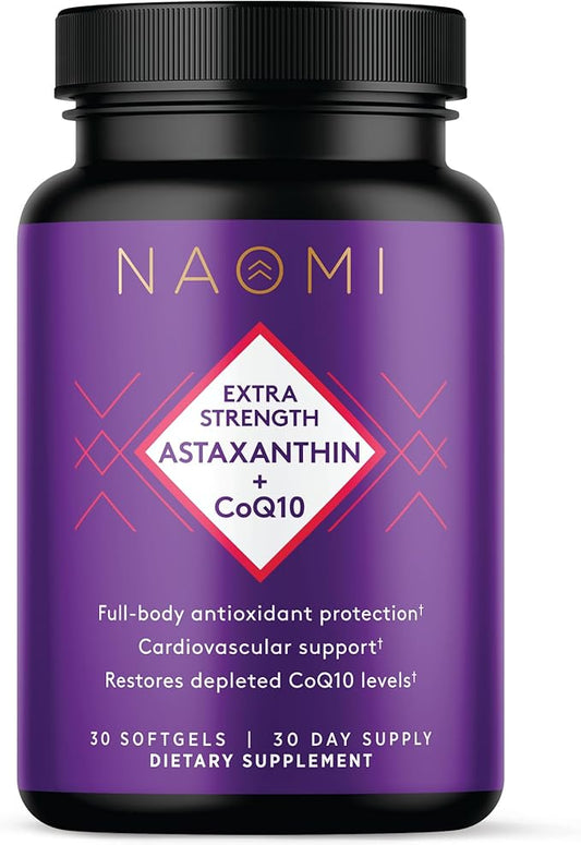 NAOMI Extra Strength Astaxanthin + CoQ10, Fat-Soluble Antioxidants, Cardiovascular Support, Increased Energy, Immune and Cognitive Function, Restore Depleted CoQ10, High Absorption, 30-Day Supply