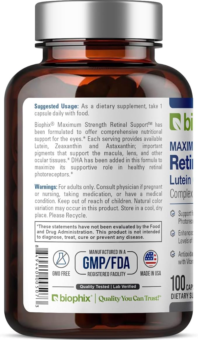 biophix Retinal Support Maximum Strength Complex Formula 100 Capsules - Zinc Vitamin C E Lutein DHA Omega-3 Astaxanthin Hyaluronic Acid - Supports Eye Vision Health