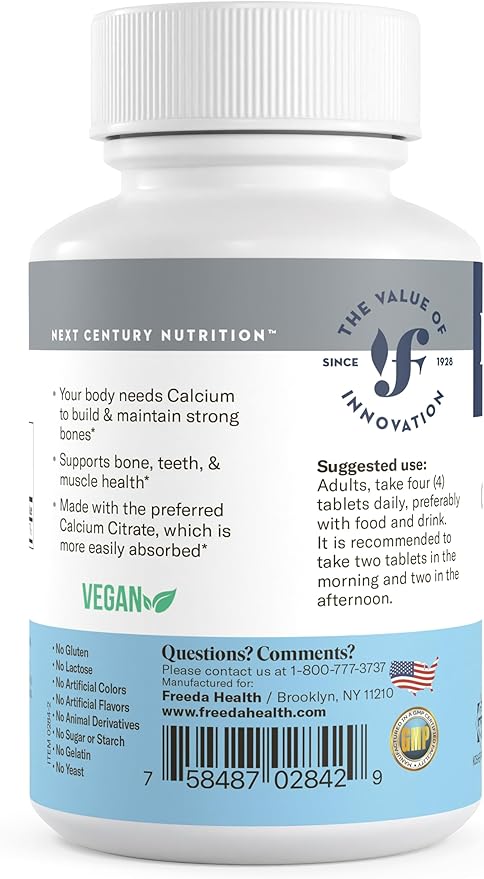 Freeda Calcium Citrate – Kosher Vegan Bone Strength Supplement – Supports Bone Density & Muscle Function – Calcium 1000mg per Serving – No Added Vitamin D – (250 Tablets)