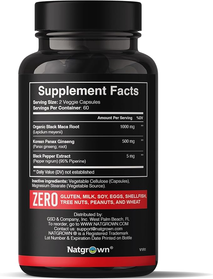 Natgrown Black Maca Root + Panax Ginseng Powder Capsules 1500 mg with Black Peruvian Maca Root & Korean Panax Ginseng Supplement for Men and Women - Vegan Pills (120 Count)