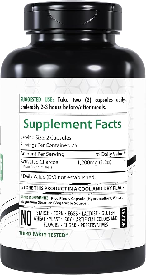 Activated Charcoal Capsules 1200mg | 150 Veg Capsules | Derived from Coconut Shells | Highly Absorbent | Non-GMO | Made in The USA